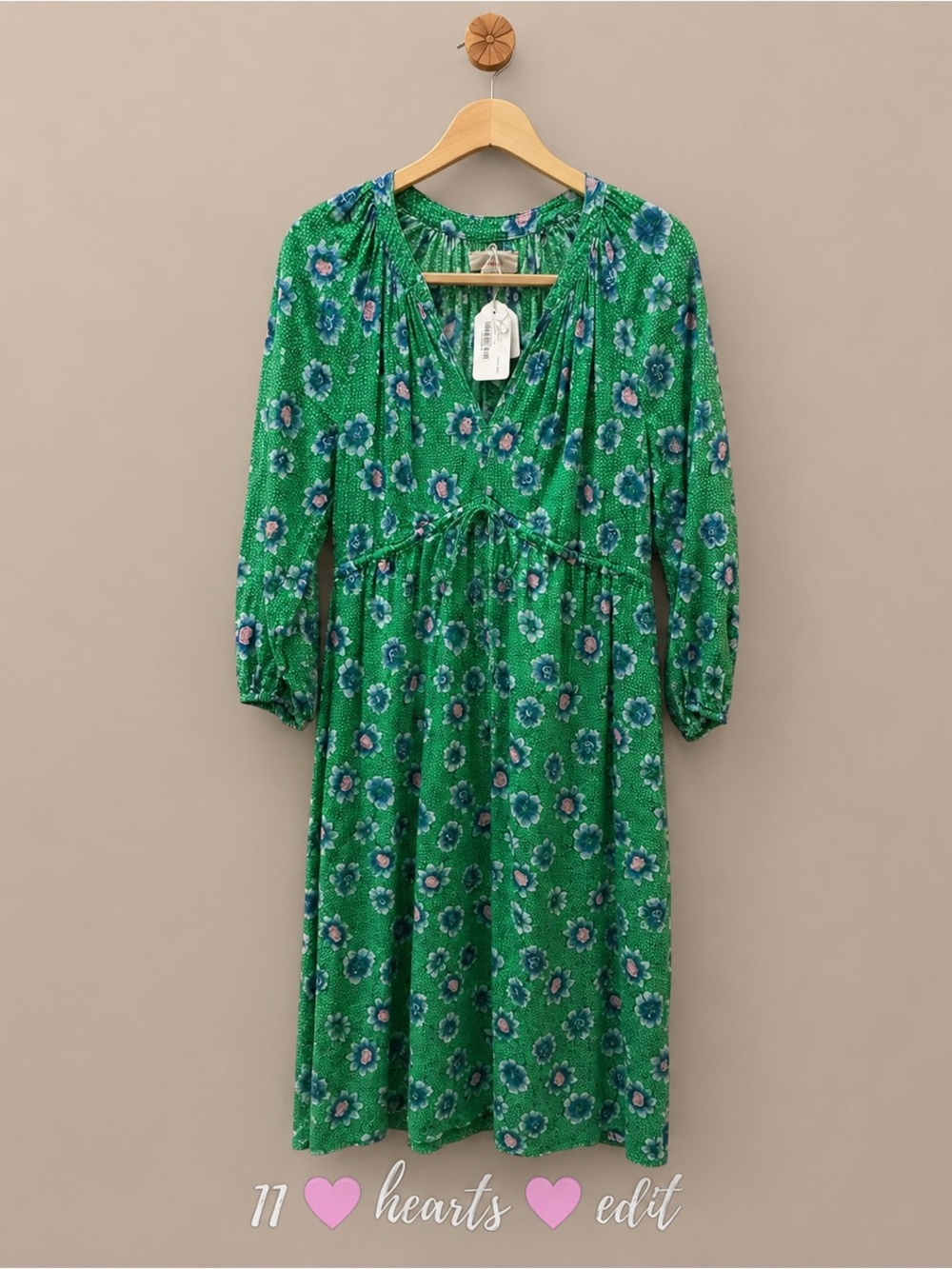 XíRENA Green Floral Cotton Midi Dress Small Pockets Boho Cut Hem